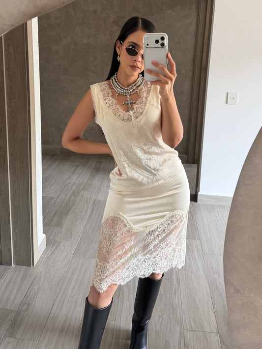 Vestido Satinado Encaje