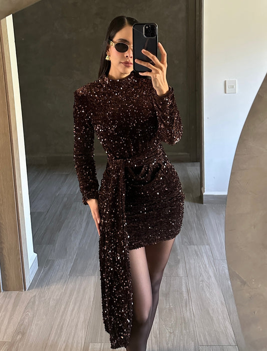 Vestido Lentejuelas Café